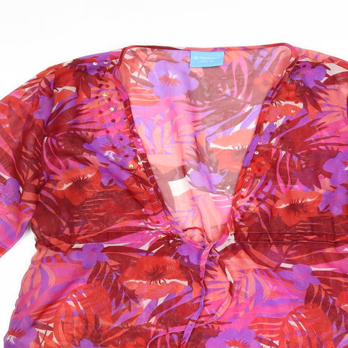 Matalan Womens Red Floral Polyester Tunic Blouse Size 10 V-Neck - Beach Cover Up