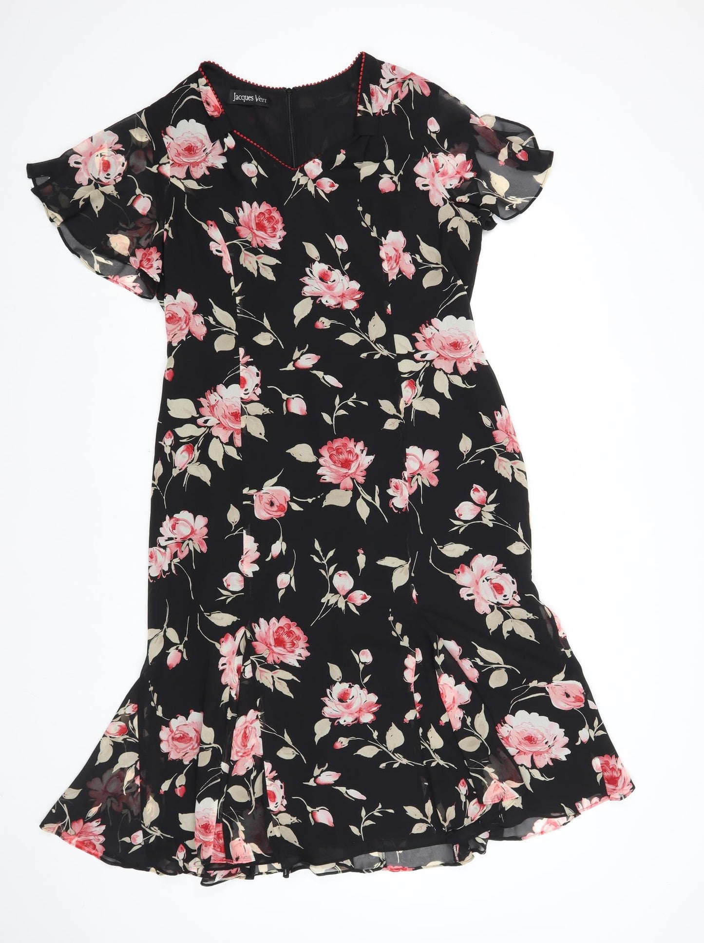 Jacques Vert Womens Black Floral Polyester A-Line Size 16 V-Neck Zip