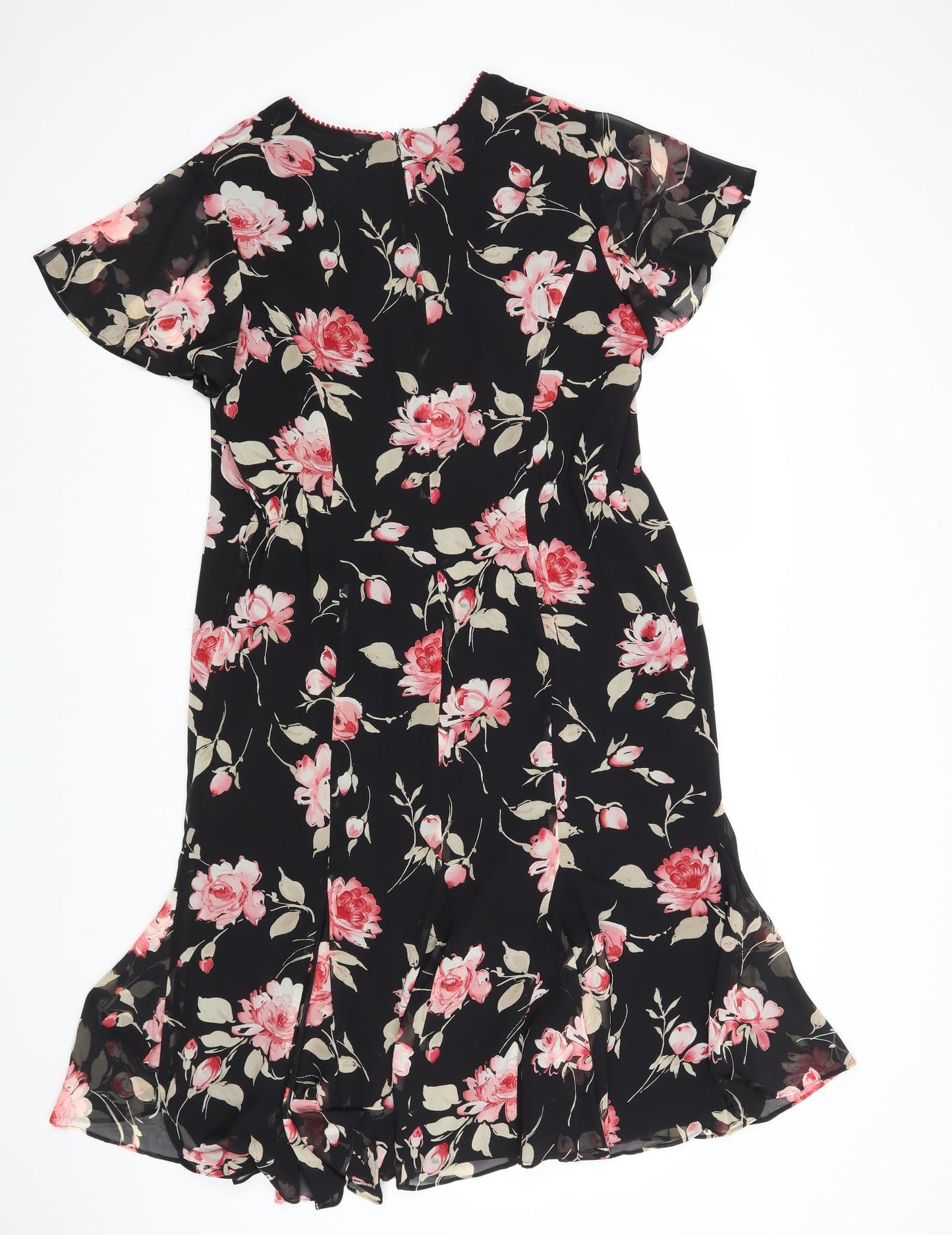 Jacques Vert Womens Black Floral Polyester A-Line Size 16 V-Neck Zip