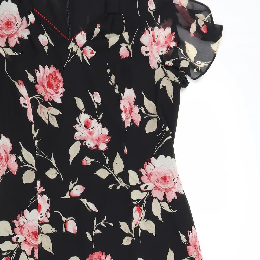 Jacques Vert Womens Black Floral Polyester A-Line Size 16 V-Neck Zip