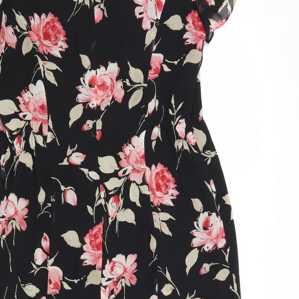 Jacques Vert Womens Black Floral Polyester A-Line Size 16 V-Neck Zip