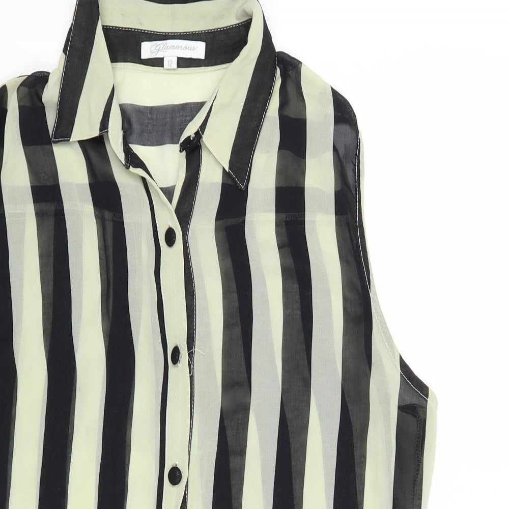 Glamorous Womens Black Striped Polyester Basic Button-Up Size 12 Collared