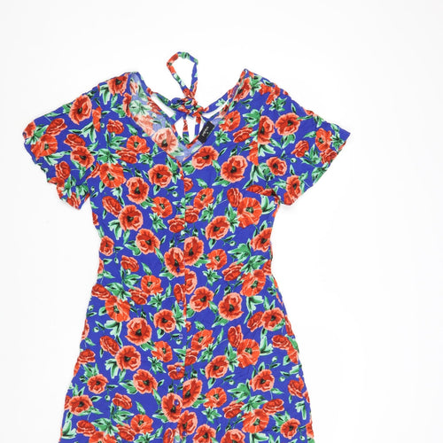 Papaya Womens Blue Floral Viscose A-Line Size 8 V-Neck Button