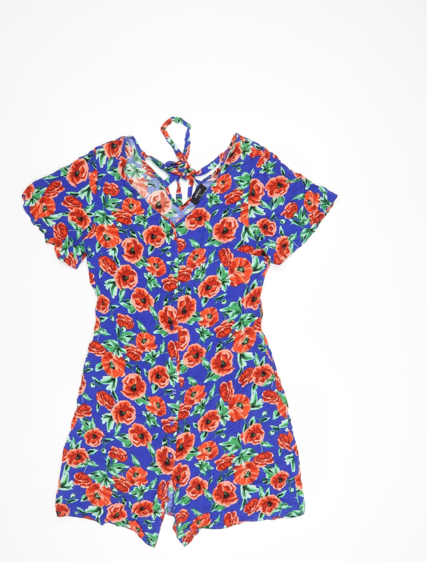 Papaya Womens Blue Floral Viscose A-Line Size 8 V-Neck Button