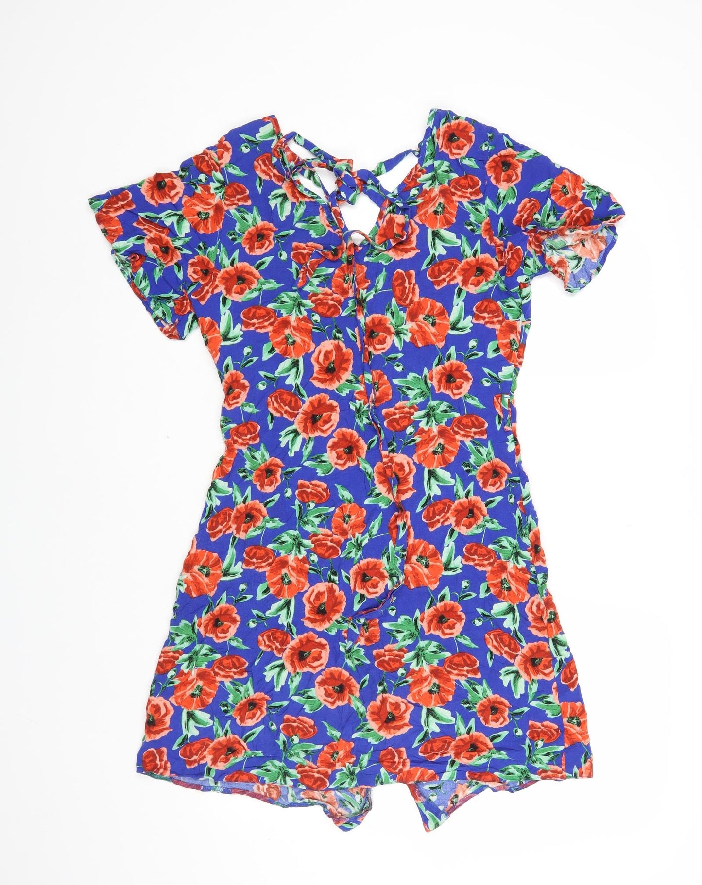 Papaya Womens Blue Floral Viscose A-Line Size 8 V-Neck Button