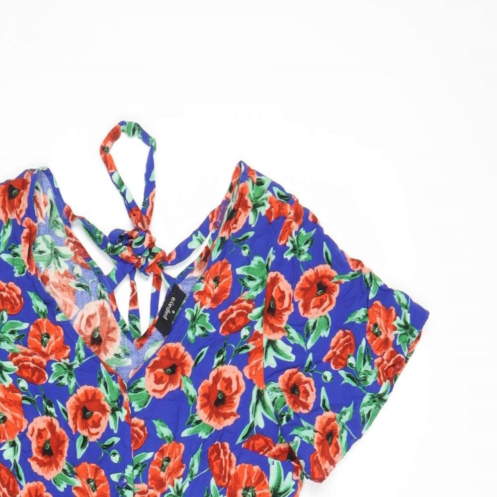 Papaya Womens Blue Floral Viscose A-Line Size 8 V-Neck Button