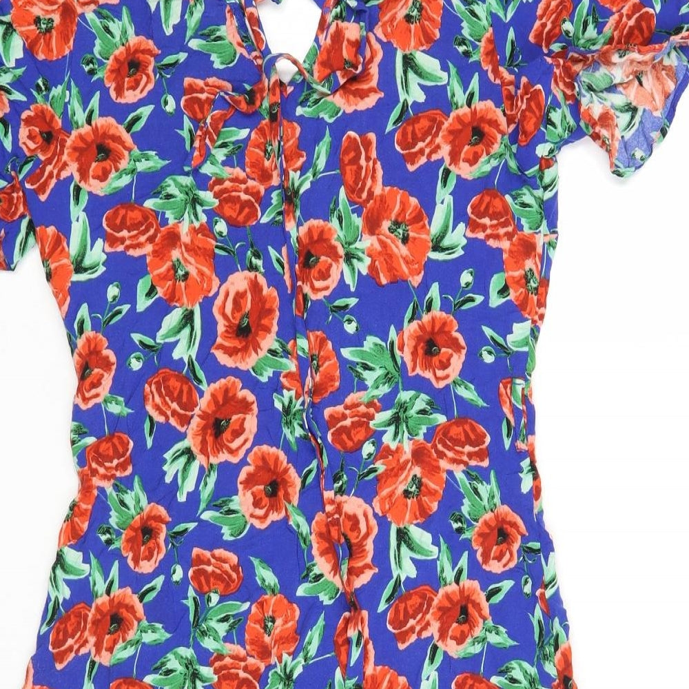 Papaya Womens Blue Floral Viscose A-Line Size 8 V-Neck Button