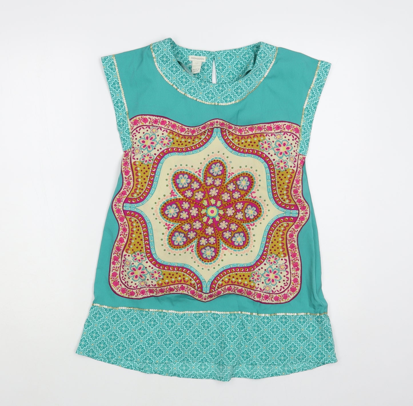 Monsoon Girls Green Geometric Polyester Tunic Blouse Size 11-12 Years Round Neck Button