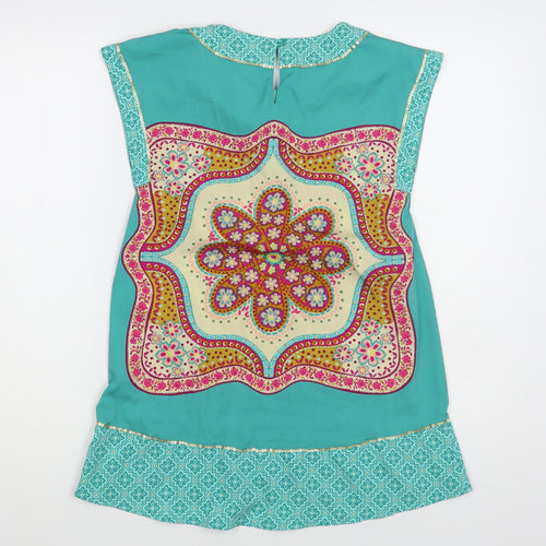 Monsoon Girls Green Geometric Polyester Tunic Blouse Size 11-12 Years Round Neck Button