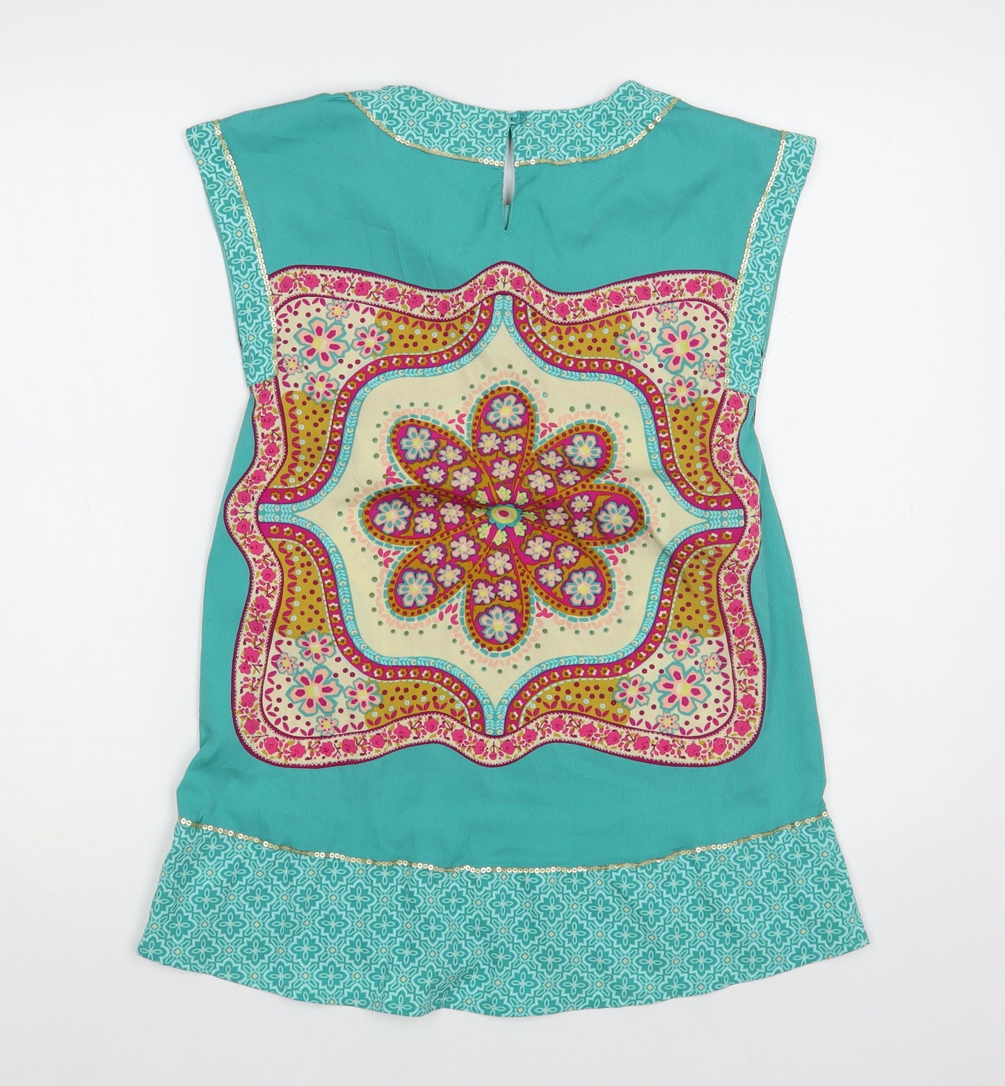 Monsoon Girls Green Geometric Polyester Tunic Blouse Size 11-12 Years Round Neck Button