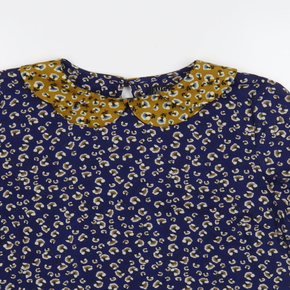 Sugarhill Boutique Womens Blue Floral Polyester Basic Blouse Size 12 Collared