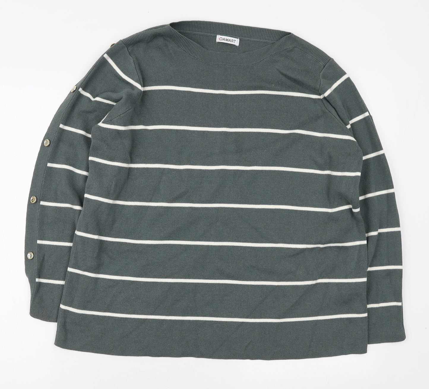 Damart Womens Green Round Neck Striped Acrylic Pullover Jumper Size 18