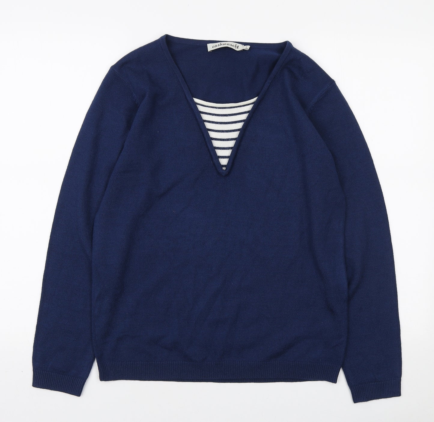 Cashmasoft Womens Blue V-Neck Acrylic Pullover Jumper Size S