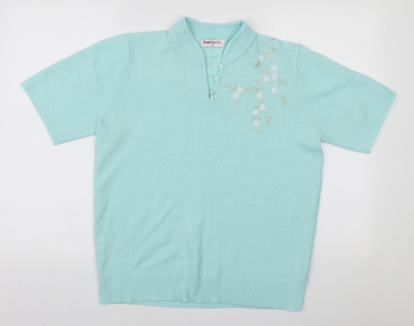 Bonmarché Womens Blue Acrylic Basic T-Shirt Size M Collared