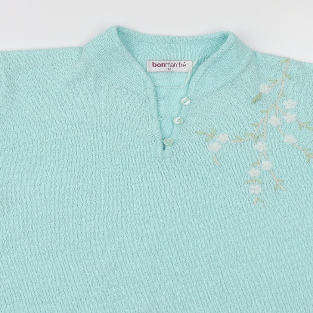 Bonmarché Womens Blue Acrylic Basic T-Shirt Size M Collared