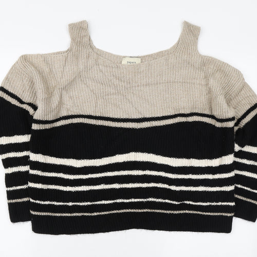 Papaya Womens Black Boat Neck Striped Acrylic Pullover Jumper Size M - Cold Shoulders