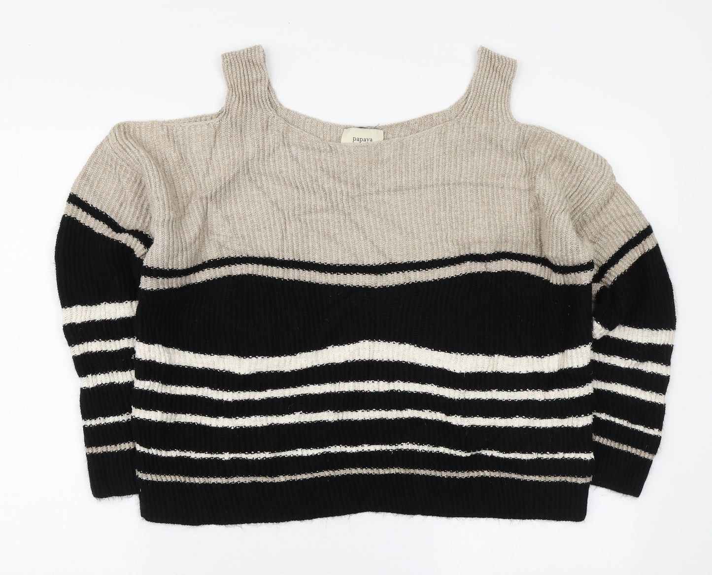 Papaya Womens Black Boat Neck Striped Acrylic Pullover Jumper Size M - Cold Shoulders