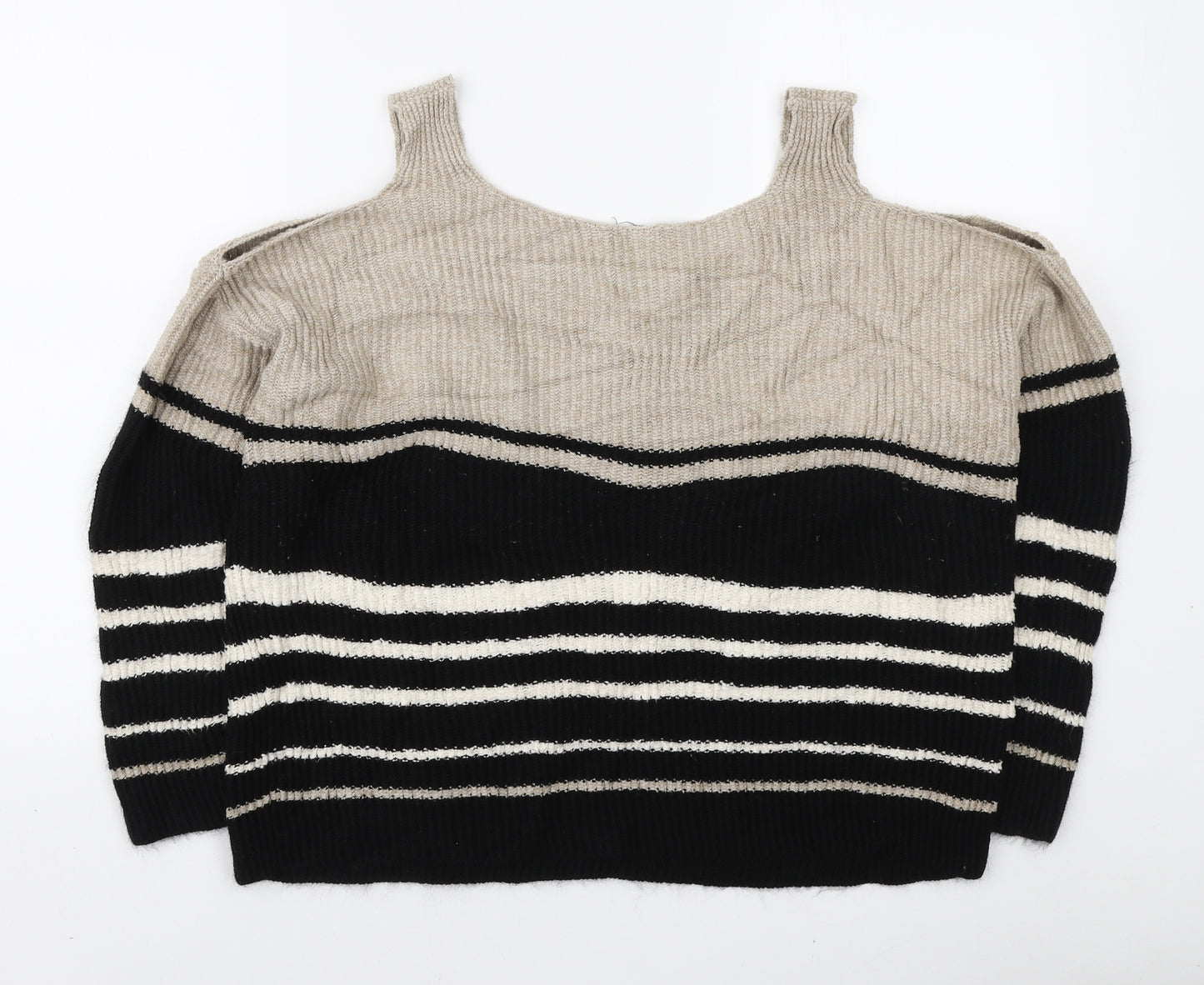 Papaya Womens Black Boat Neck Striped Acrylic Pullover Jumper Size M - Cold Shoulders