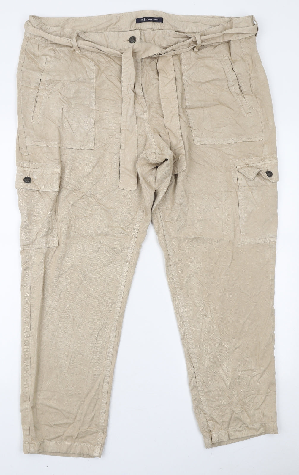 Marks and Spencer Womens Beige Modal Cargo Trousers Size 20 L26 in Regular Zip