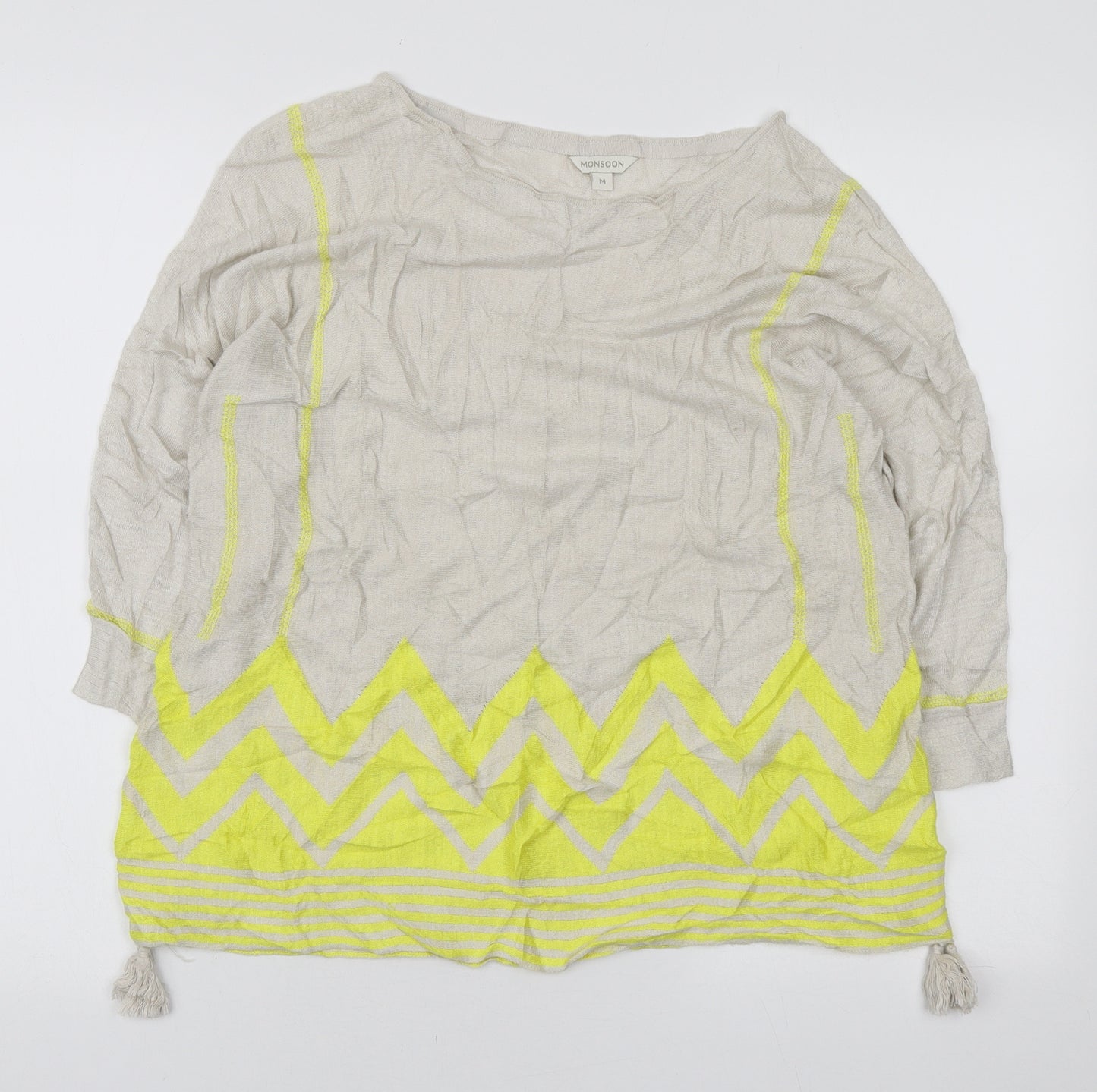 Monsoon Womens Ivory Boat Neck Geometric Linen Pullover Jumper Size M