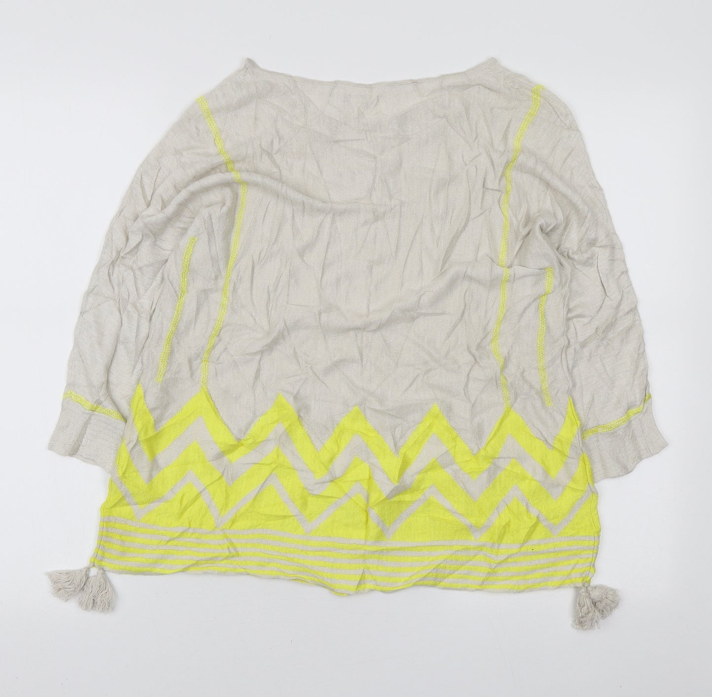 Monsoon Womens Ivory Boat Neck Geometric Linen Pullover Jumper Size M