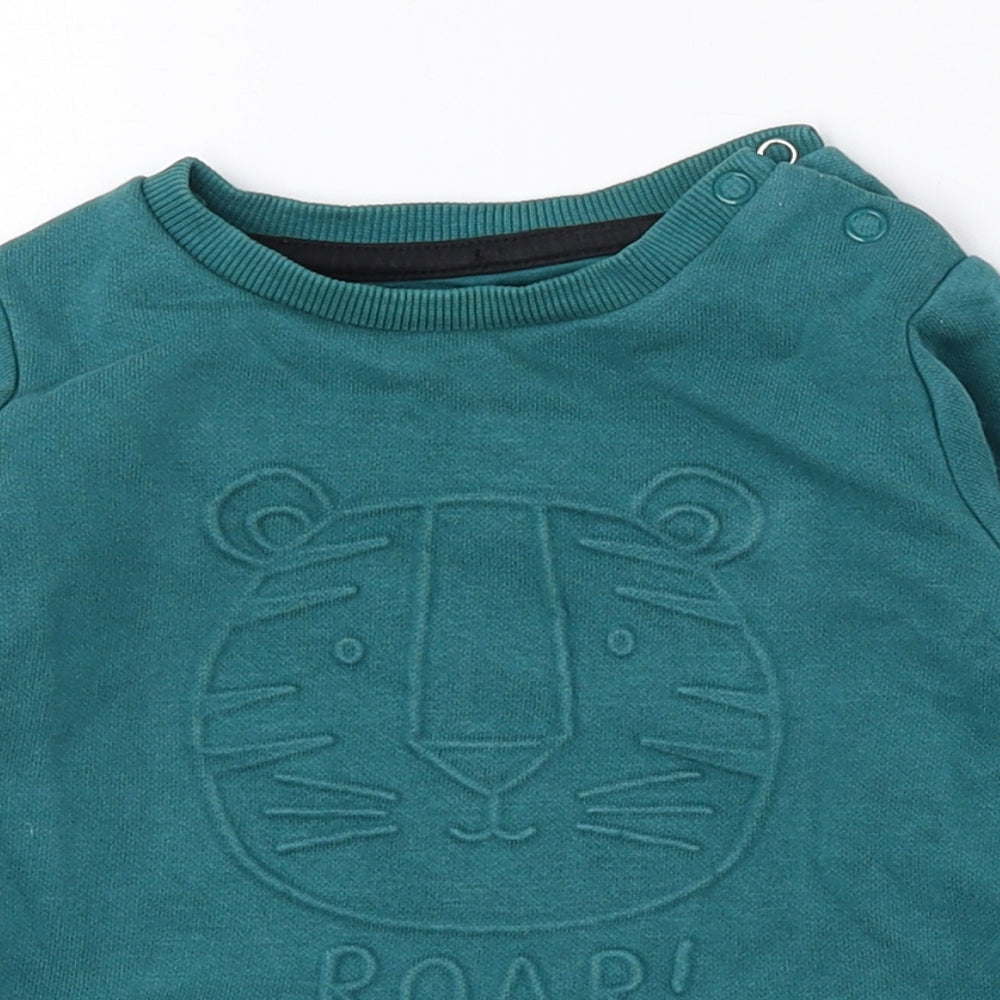 F&F Baby Green Cotton Pullover Jumper Size 6-9 Months Snap - Tiger