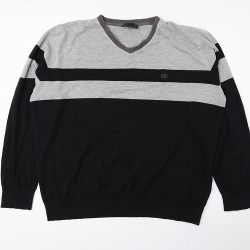 NEXT Mens Black V-Neck Striped Cotton Pullover Jumper Size L