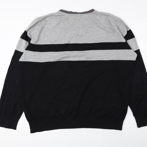 NEXT Mens Black V-Neck Striped Cotton Pullover Jumper Size L