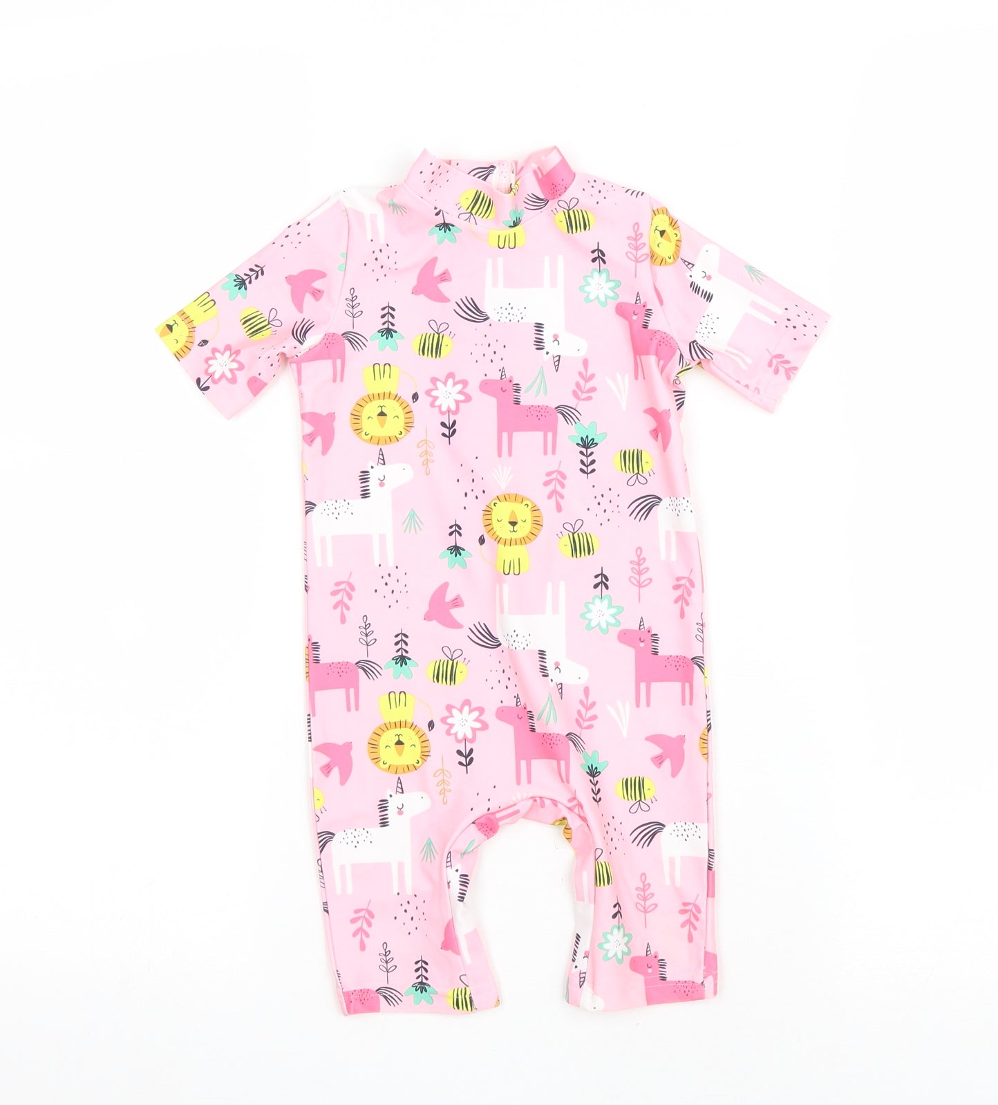 F&F Girls Pink Geometric Polyester Capri One Piece Size 12-18 Months Zip - Animal Swim suit