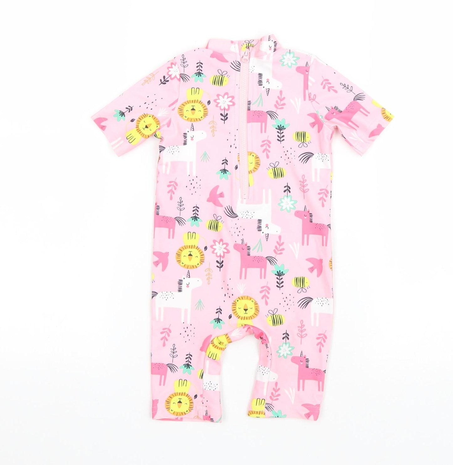 F&F Girls Pink Geometric Polyester Capri One Piece Size 12-18 Months Zip - Animal Swim suit