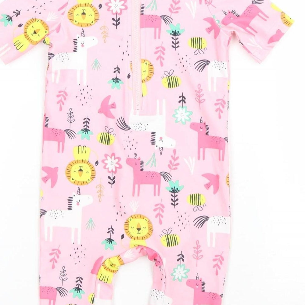 F&F Girls Pink Geometric Polyester Capri One Piece Size 12-18 Months Zip - Animal Swim suit