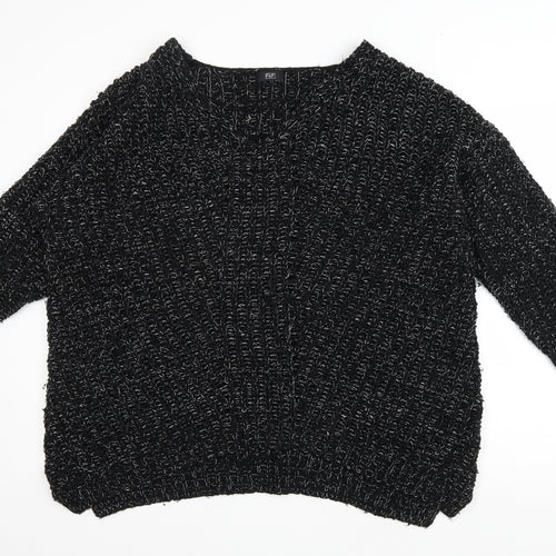 F&F Womens Black V-Neck Acrylic Pullover Jumper Size 14