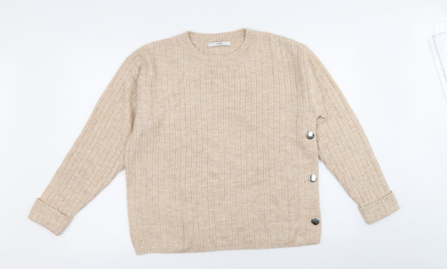 George Womens Beige Crew Neck Acrylic Henley Jumper Size M - 3 silver buttons on the side