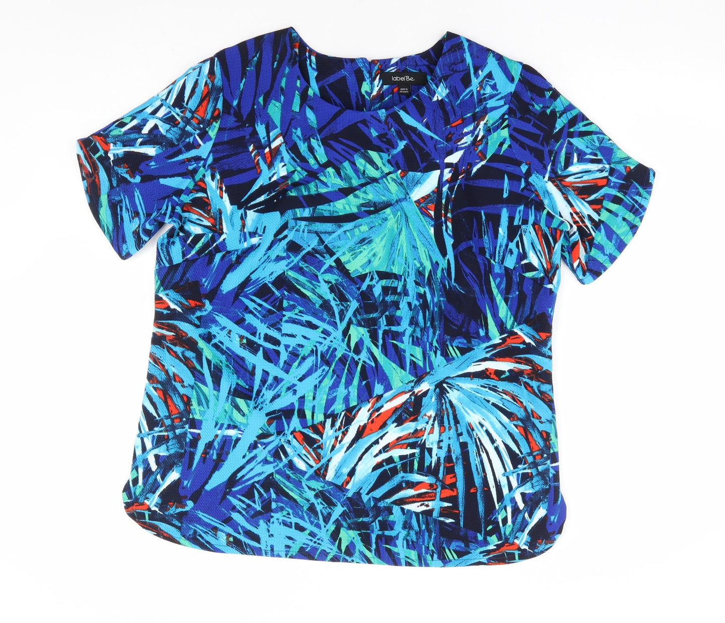 Label Be Womens Blue Geometric Polyester Basic T-Shirt Size 16 Round Neck