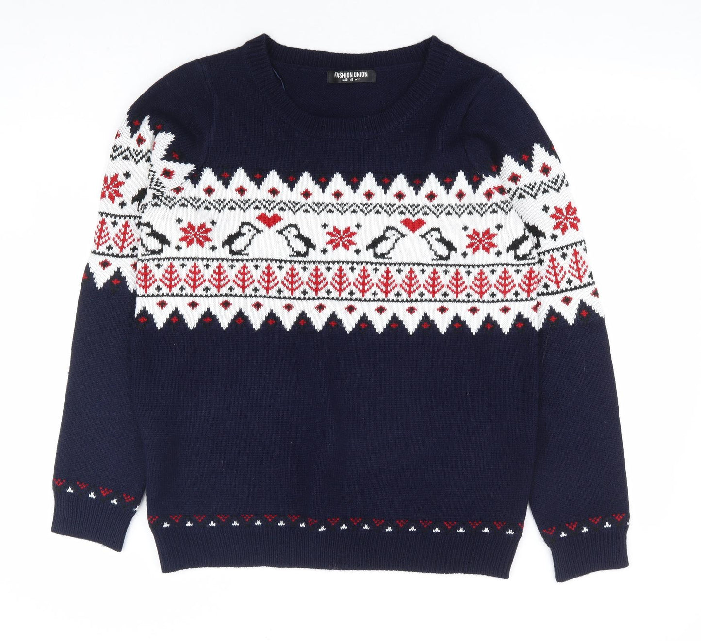 Fashion Union Womens Blue Round Neck Fair Isle Acrylic Pullover Jumper Size 12 - Christmas Penguin