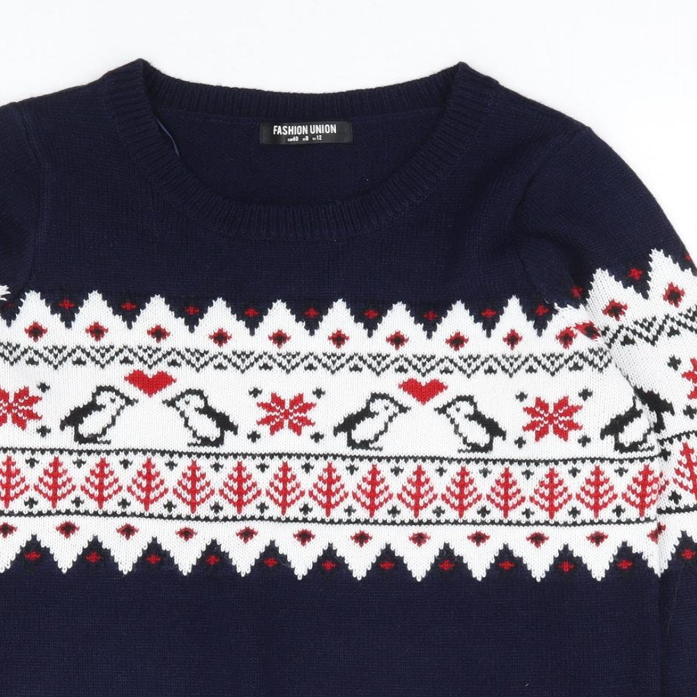 Fashion Union Womens Blue Round Neck Fair Isle Acrylic Pullover Jumper Size 12 - Christmas Penguin