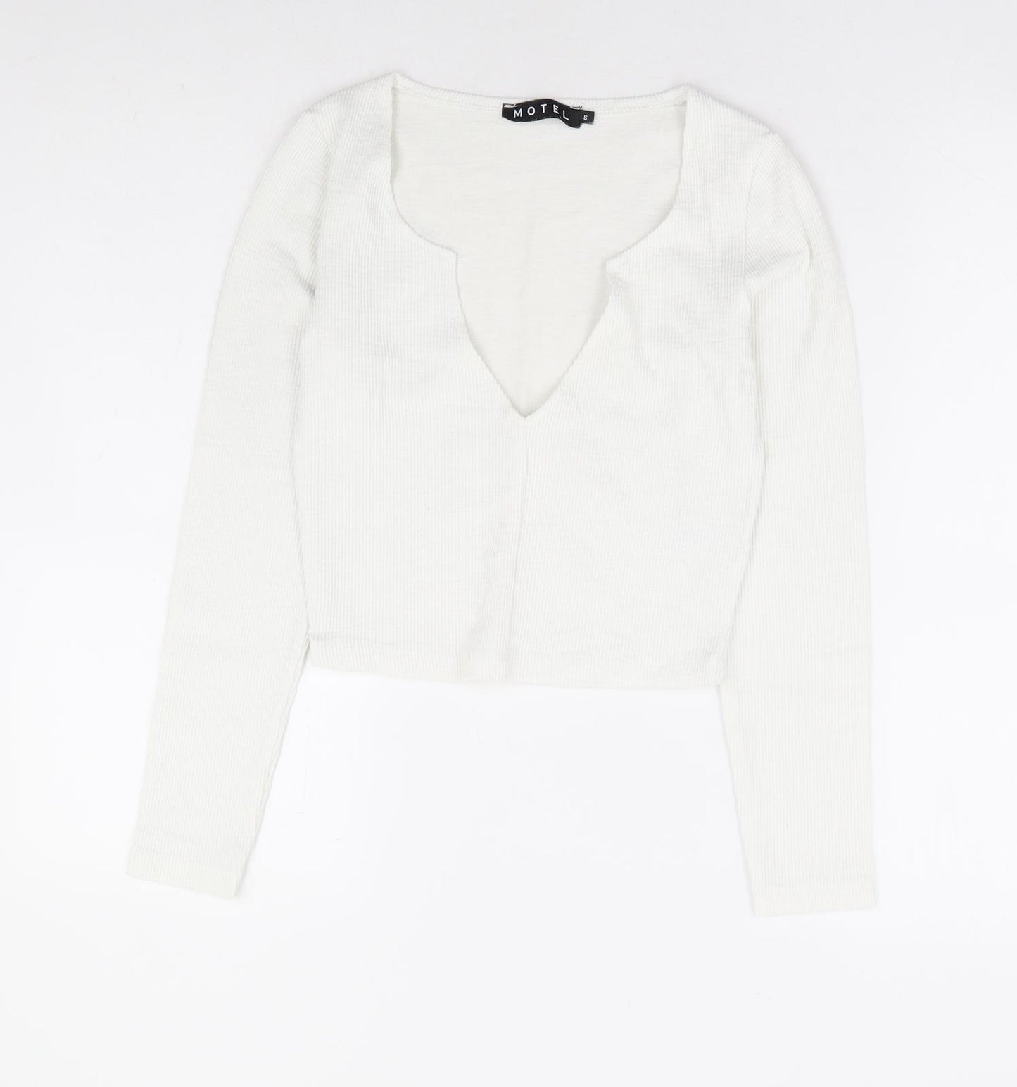 Motel Womens White Polyester Cropped T-Shirt Size S V-Neck - Ribbed