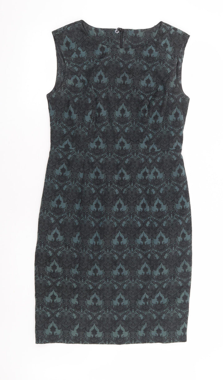 NEXT Womens Green Floral Cotton Pencil Dress Size 12 Round Neck Zip