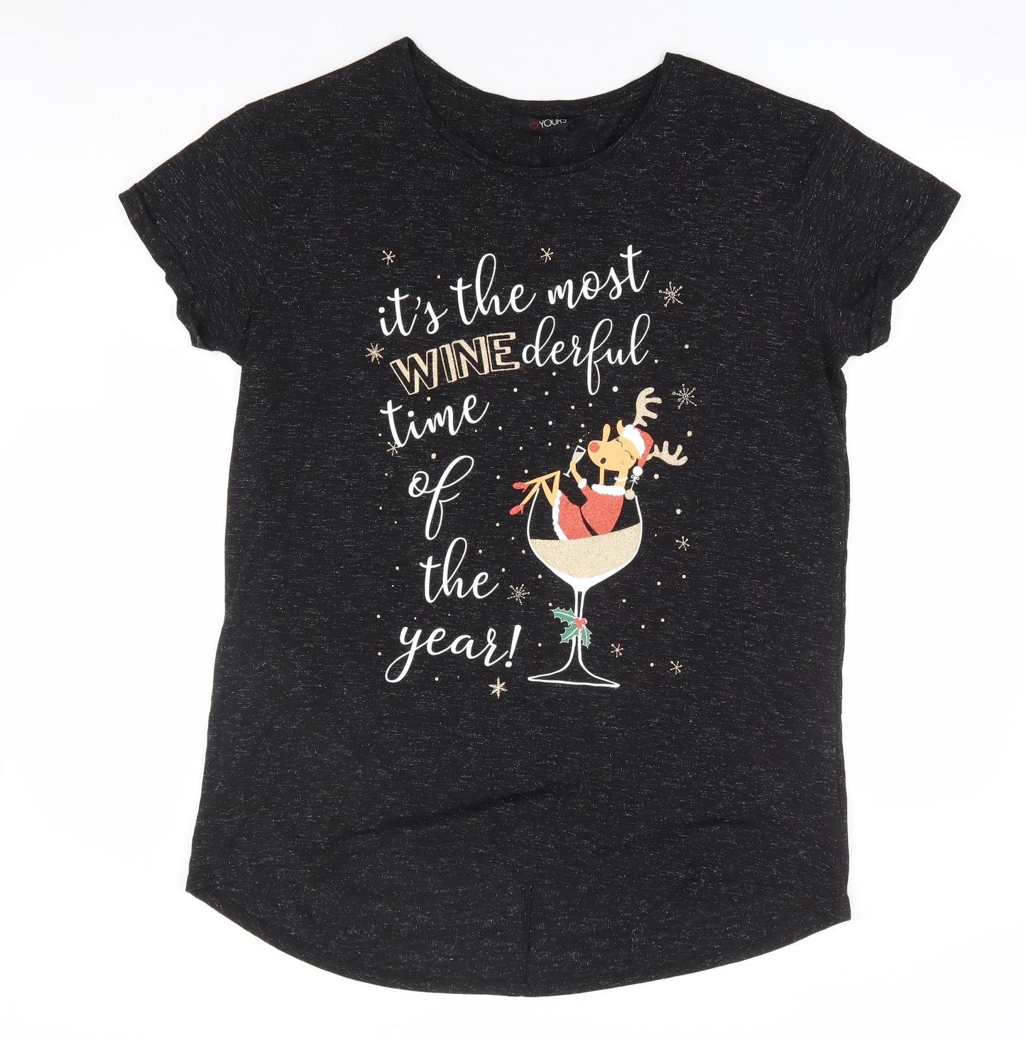 Yours Womens Black Polyester Basic T-Shirt Size 18 Round Neck - Christmas Wine Reindeer