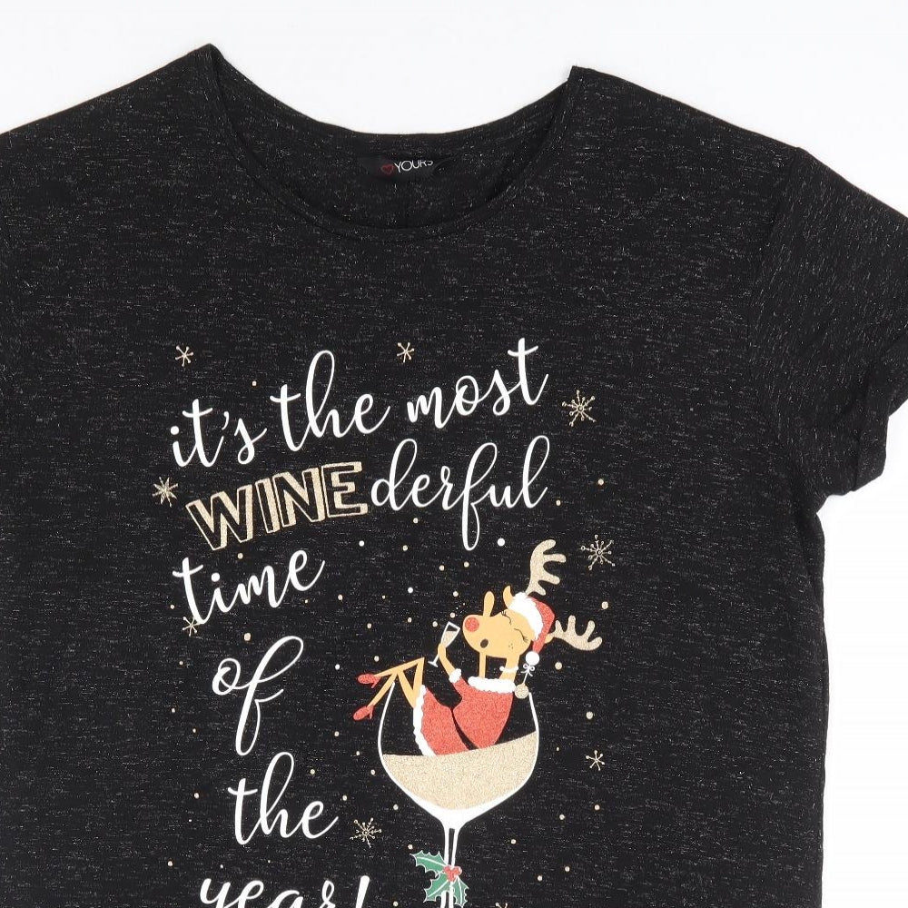 Yours Womens Black Polyester Basic T-Shirt Size 18 Round Neck - Christmas Wine Reindeer