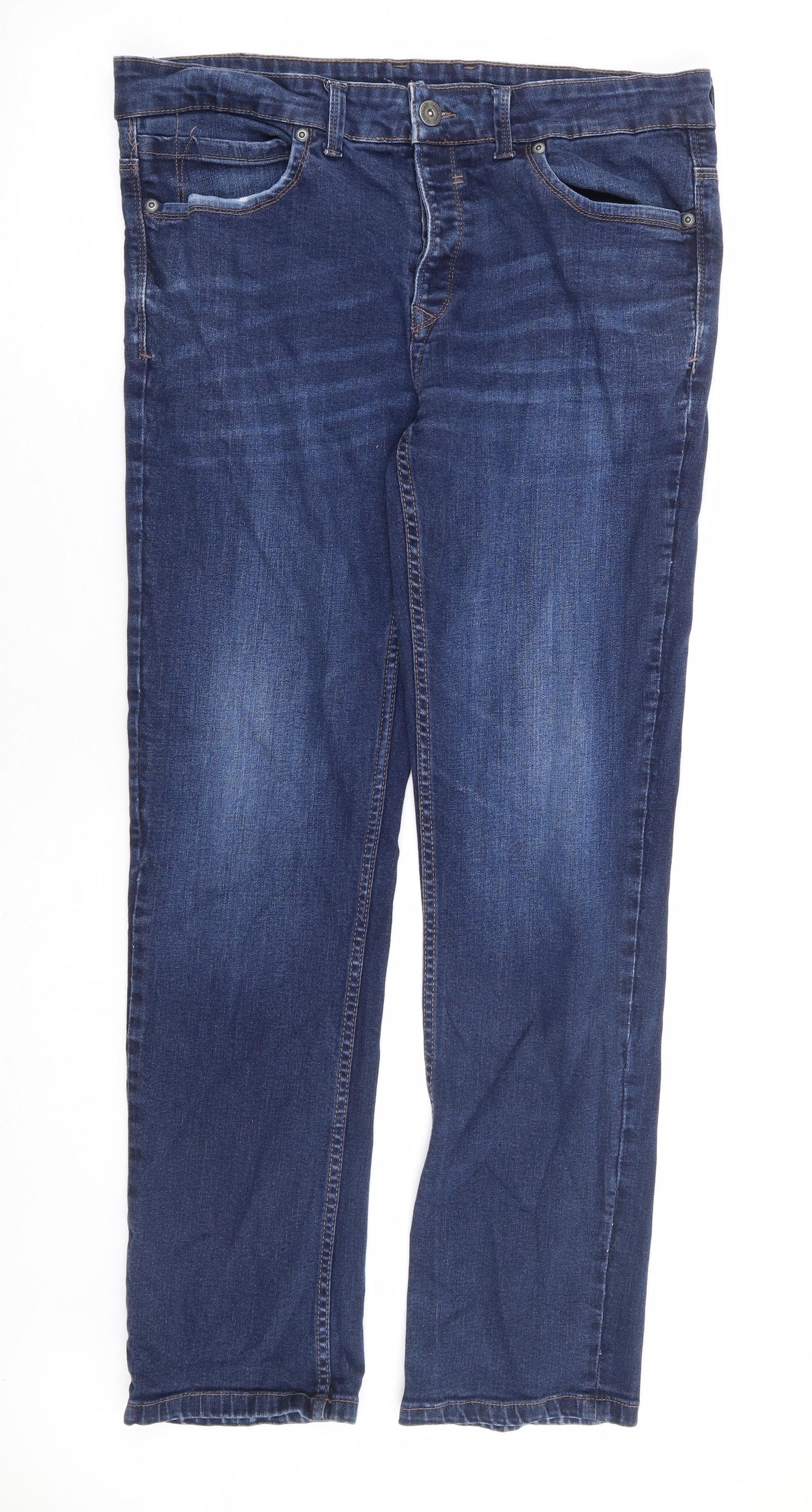 F&F Mens Blue Cotton Straight Jeans Size 36 in L32 in Regular Button