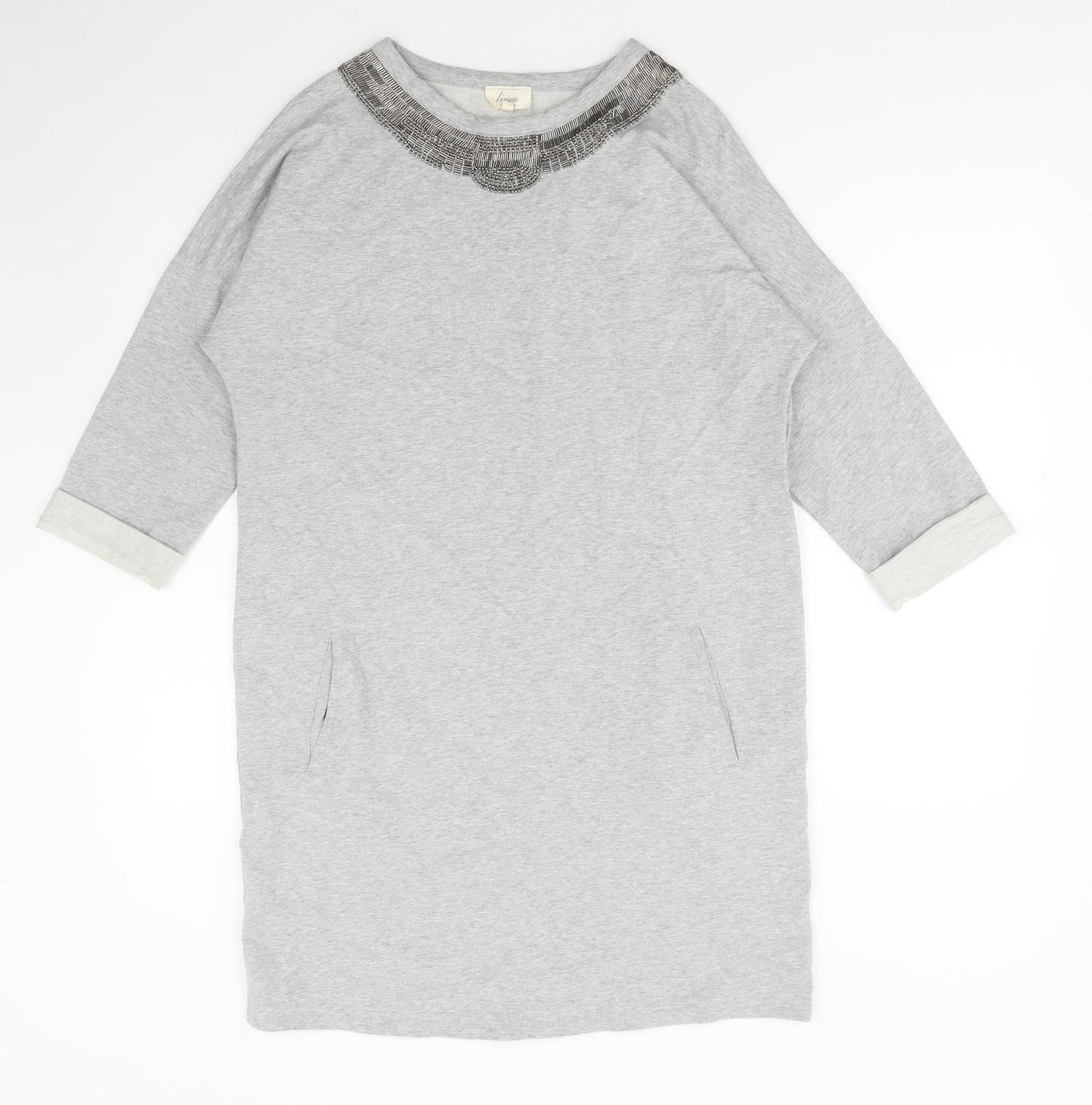 Linea Weekend Womens Grey Cotton Jumper Dress Size 14 Round Neck Pullover - Embellished Neckline