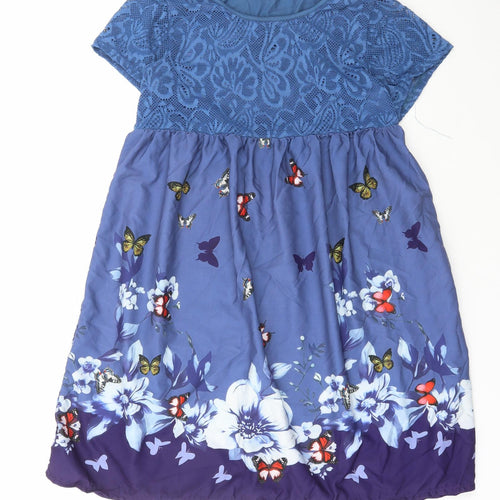 Preworn Womens Blue Geometric Polyester A-Line Size 6 Round Neck Pullover - Lace Detail, Butterfly