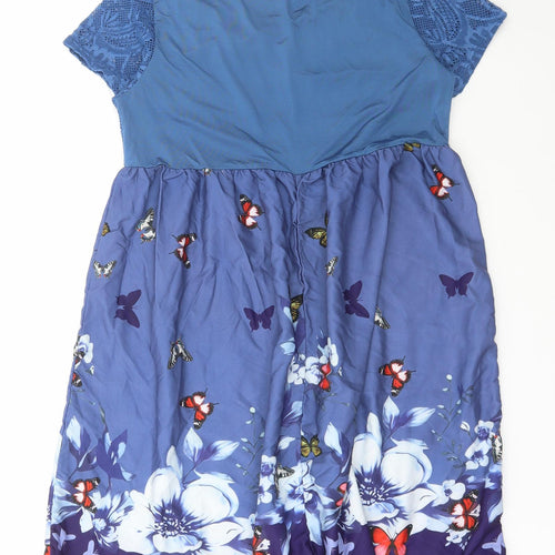 Preworn Womens Blue Geometric Polyester A-Line Size 6 Round Neck Pullover - Lace Detail, Butterfly