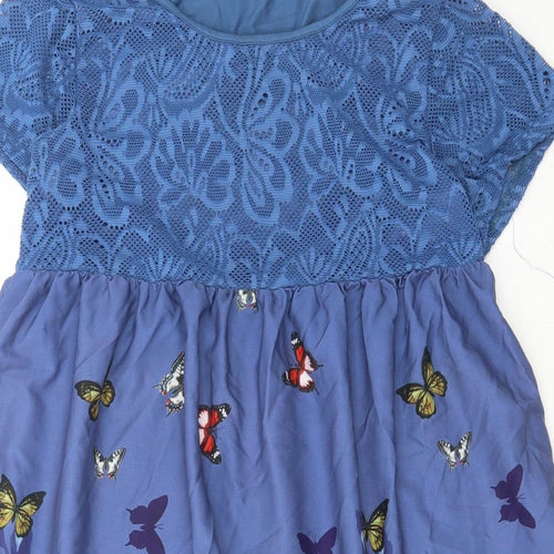 Preworn Womens Blue Geometric Polyester A-Line Size 6 Round Neck Pullover - Lace Detail, Butterfly