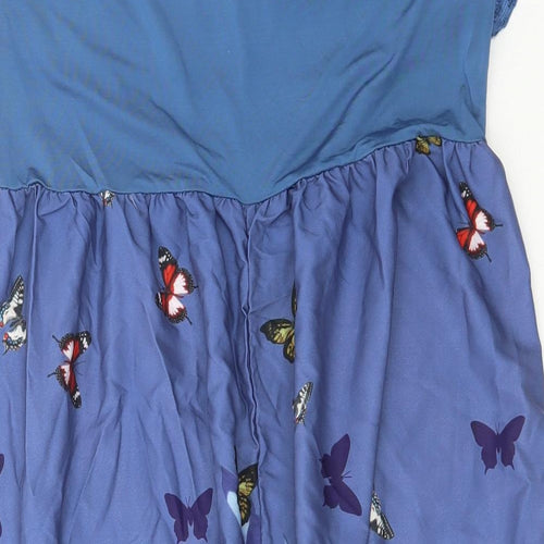Preworn Womens Blue Geometric Polyester A-Line Size 6 Round Neck Pullover - Lace Detail, Butterfly
