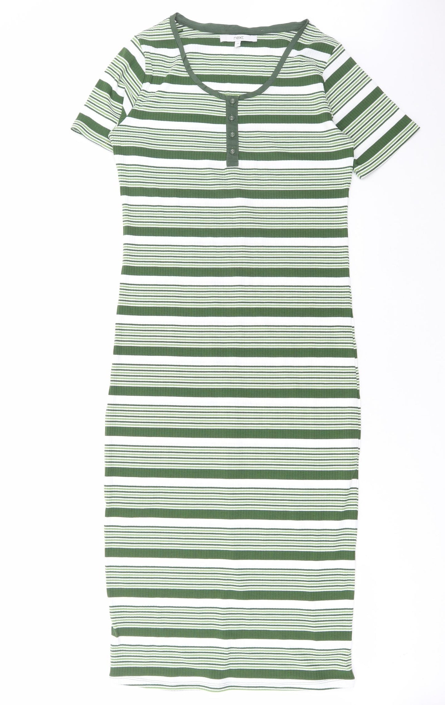 NEXT Womens Green Striped Polyester Bodycon Size 14 Scoop Neck Button - Ribbed