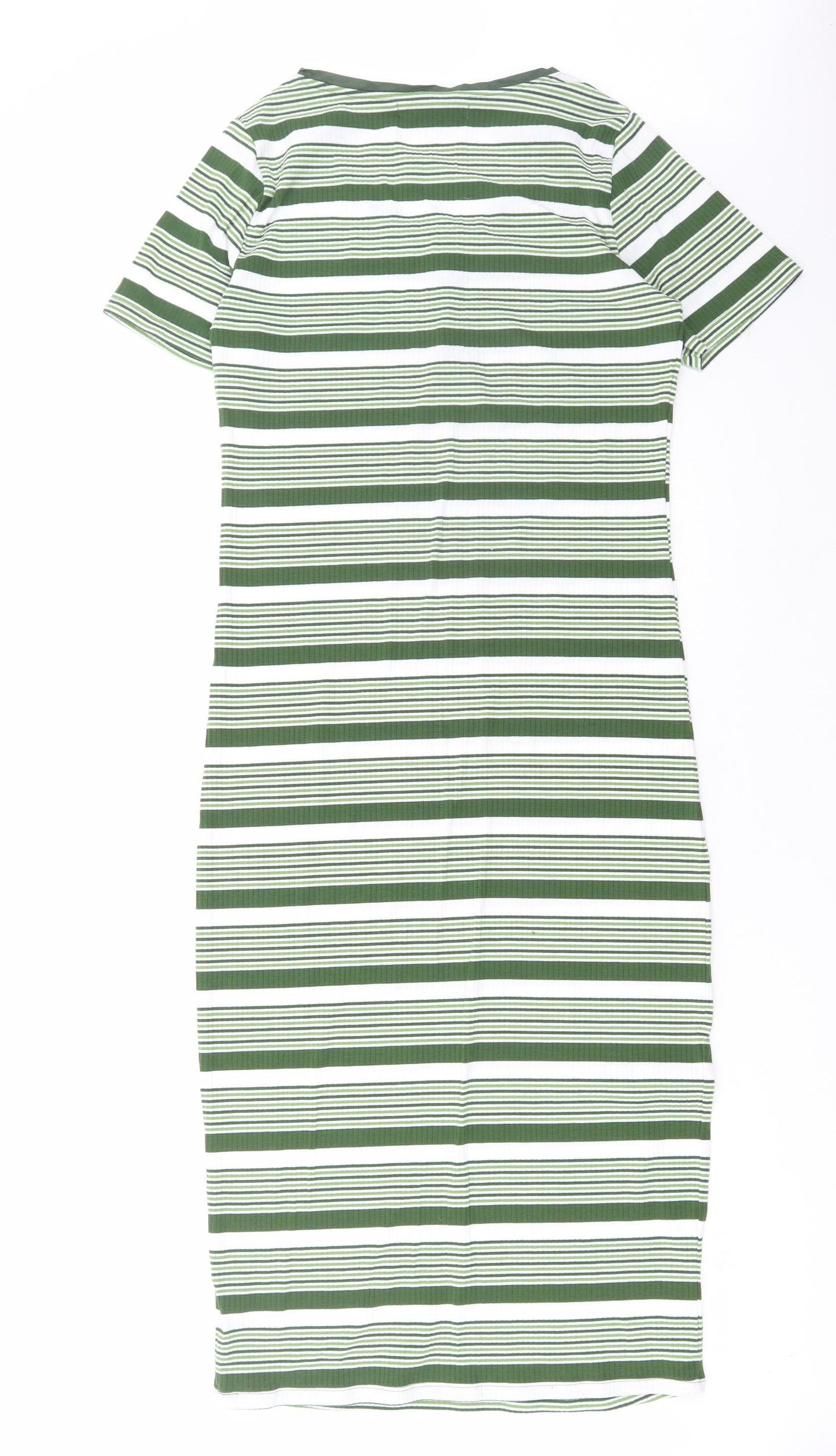 NEXT Womens Green Striped Polyester Bodycon Size 14 Scoop Neck Button - Ribbed