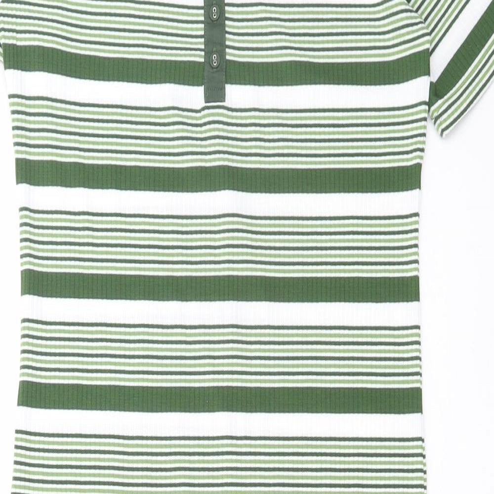 NEXT Womens Green Striped Polyester Bodycon Size 14 Scoop Neck Button - Ribbed