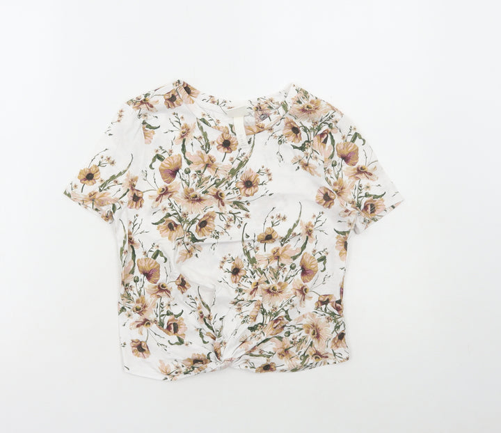 H&M Womens White Floral Cotton Cropped T-Shirt Size XS Round Neck